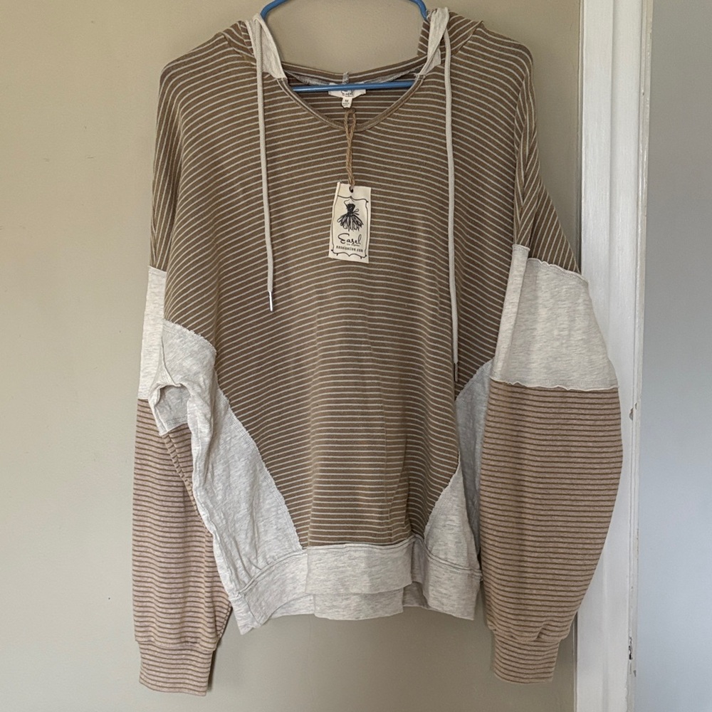 easel Striped Tan and Cream Hooded Pullover Sweatshirt